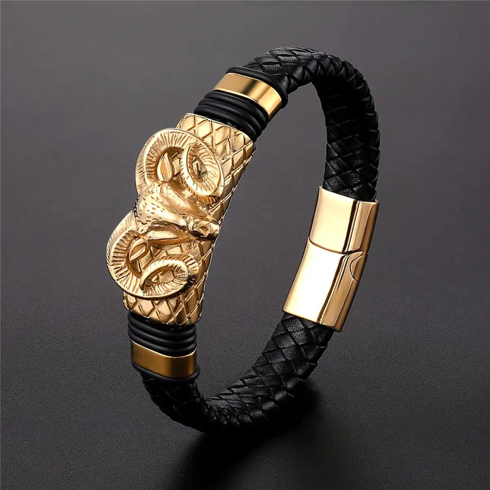 Men's Stainless Steel Leather Braided Constellation Bracelet