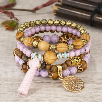 Boho Wooden Beaded Bracelet Set with Tree of Life Charm