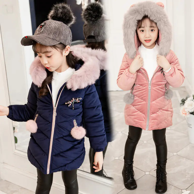 Thickened Mid-length Girl's Cotton-Padded Jacket with Fur Collar – Gratis Wereldwijde Verzending