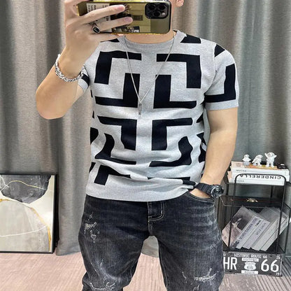 Men's Knitted Short Sleeve T-Shirt - Slim Fit Sweater