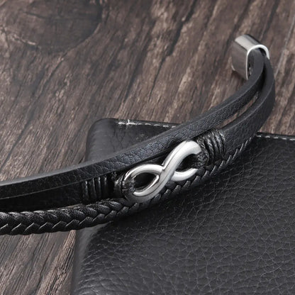 Genuine Leather Braided Men's Bracelet with Steel Accent