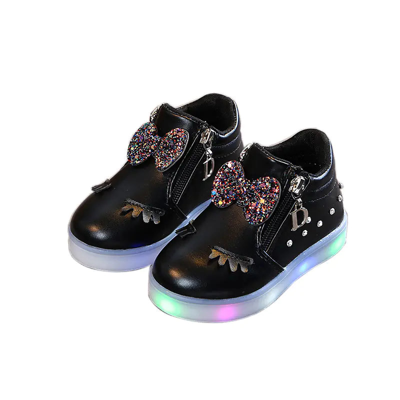 Girls' LED Light-Up Sneakers with Rhinestones and Bow children aged 1 to 6 years,