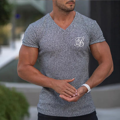 Men's Summer Athletic Slim Fit V-Neck T-Shirt with Logo