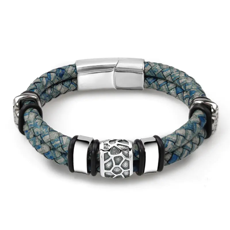 Men's Vintage Genuine Leather & Stainless Steel Bracelet