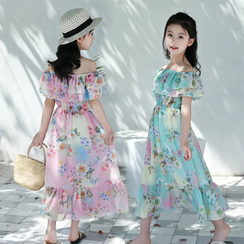 Thai Style Beach Dress for Girls - Summer Floral Chiffon sizes ranging from 120cm to 160cm