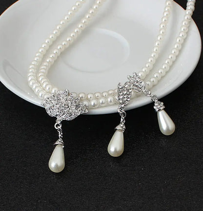 Bridal Pearl Crystal Necklace and Earring Set