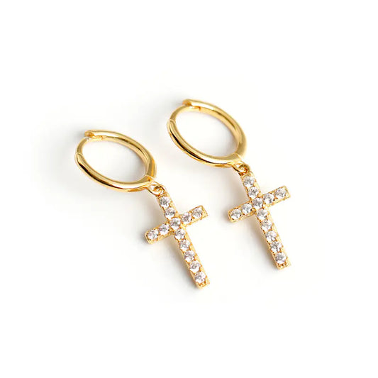 S925 Sterling Zilveren Kruis Oorbellen met Diamanten – Tijdloze Spirituele Elegantie