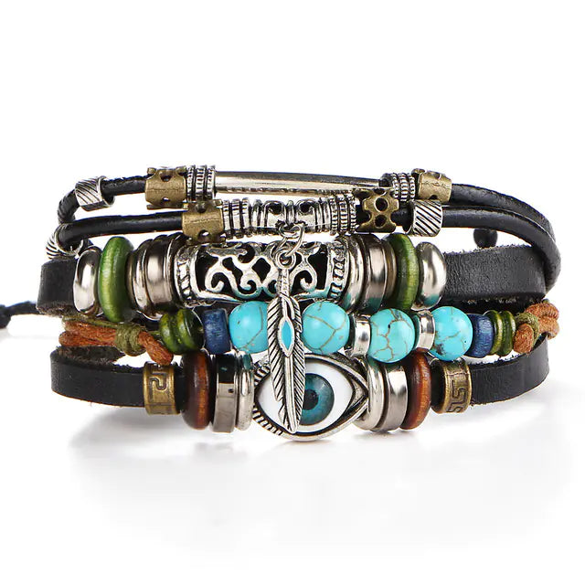 Boho Multilayer Leather Bracelets with Fish Charm Set