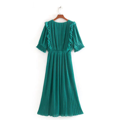 V-Neck Layered Pleated Slim Fit Dress in Green perfect fit: S, M, L, XL, and XXL