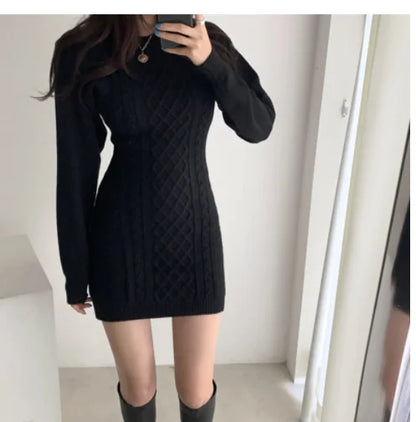 Korean Style Autumn Winter Diamond Knit Bodycon Dress