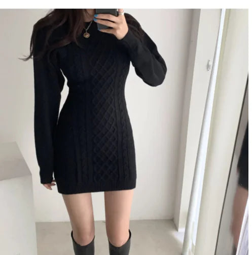 Korean Style Autumn Winter Diamond Knit Bodycon Dress