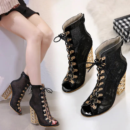 Crystal Chunky Heel Open-Toe Sandals with Cross Straps