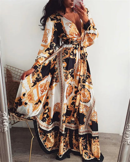 Vintage Floral Maxi Dress with V-Neck and Long Sleeves