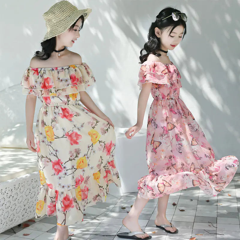 Thai Style Beach Dress for Girls - Summer Floral Chiffon sizes ranging from 120cm to 160cm