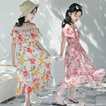 Thai Style Beach Dress for Girls - Summer Floral Chiffon sizes ranging from 120cm to 160cm