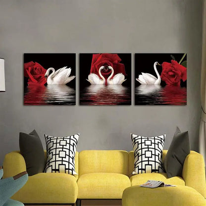 3pcs Canvas Posters - Romantic Swans & Red Roses Art