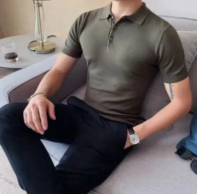 Men's Ice Silk Slim-Fit Polo Lapel Knitted Solid Color Summer T-shirt