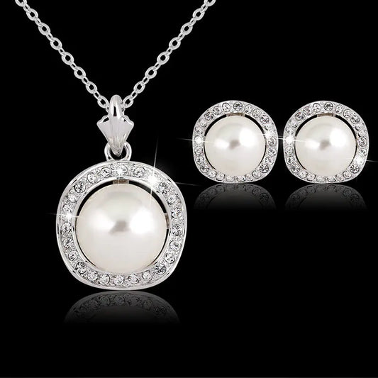 Bridal Rhinestone Pearl Necklace Earring Set