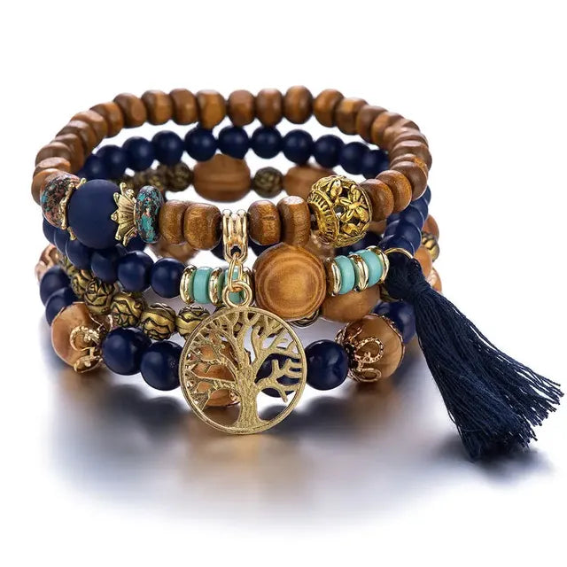 Boho Wooden Beaded Bracelet Set with Tree of Life Charm