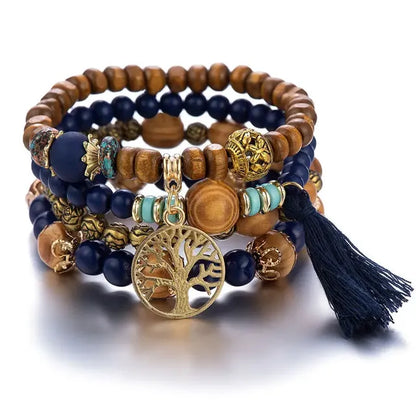 Boho Wooden Beaded Bracelet Set with Tree of Life Charm