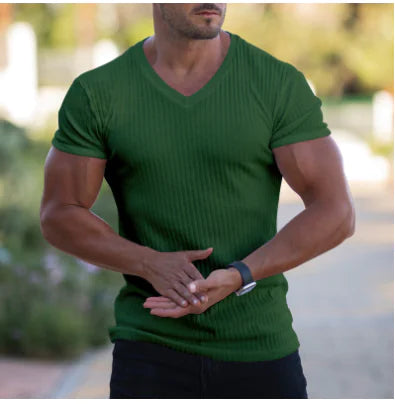 Men's Summer Athletic Slim Fit V-Neck T-Shirt with Logo