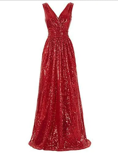 V-neck Slimming Long Sequin Evening Dress