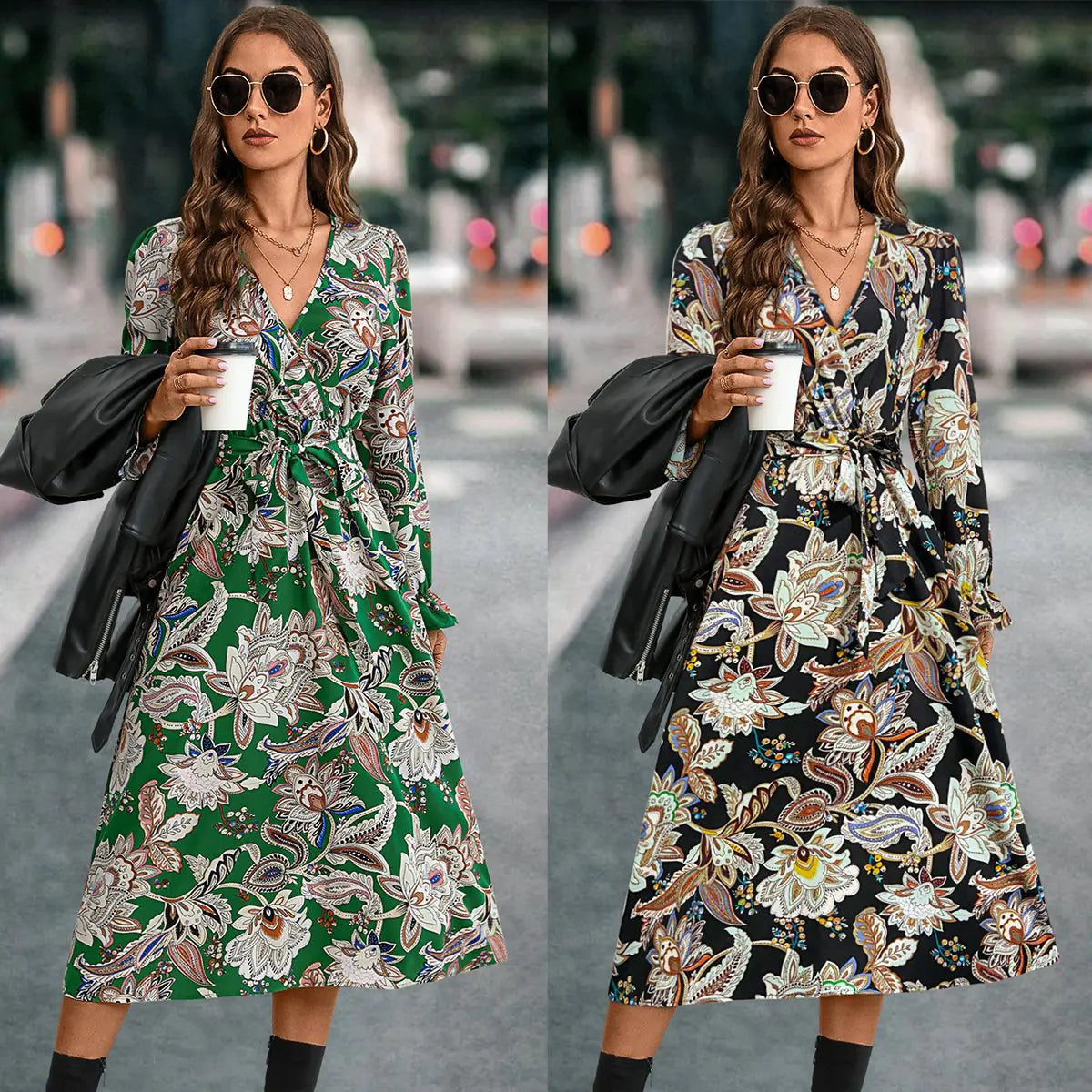 Cross V-neck Long Sleeve Dress