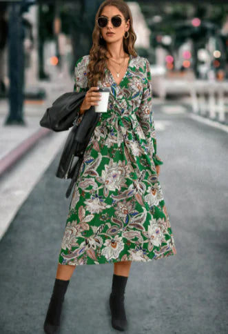 Cross V-neck Long Sleeve Dress