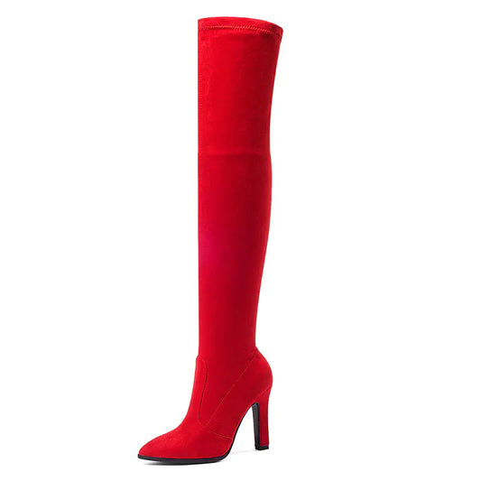 Women’s Suede High Boots – Pointed Toe & Chunky Heel