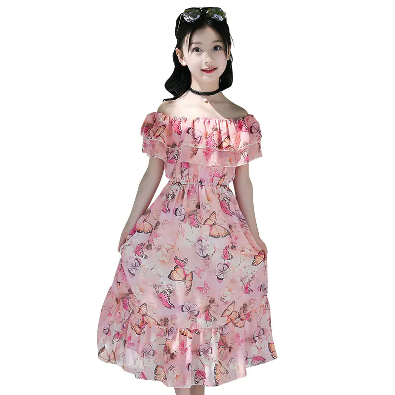 Thai Style Beach Dress for Girls - Summer Floral Chiffon sizes ranging from 120cm to 160cm