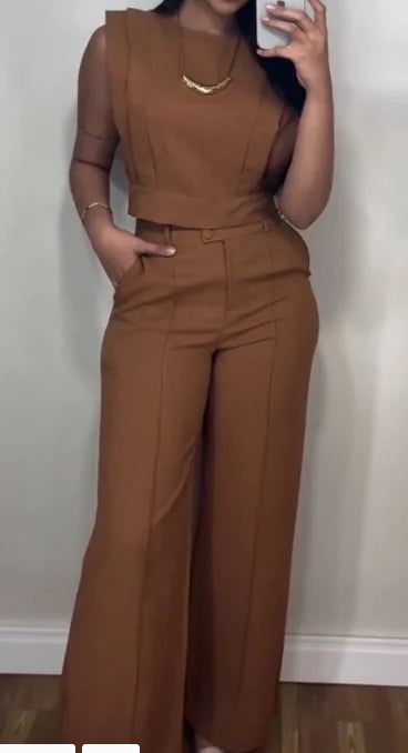 Short Top & Straight-Leg Pants Casual Women's Suit