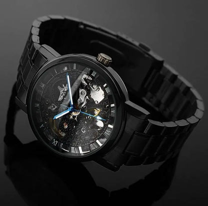 Men's Automatic Mechanical Watch with Black Hollow Steel Band