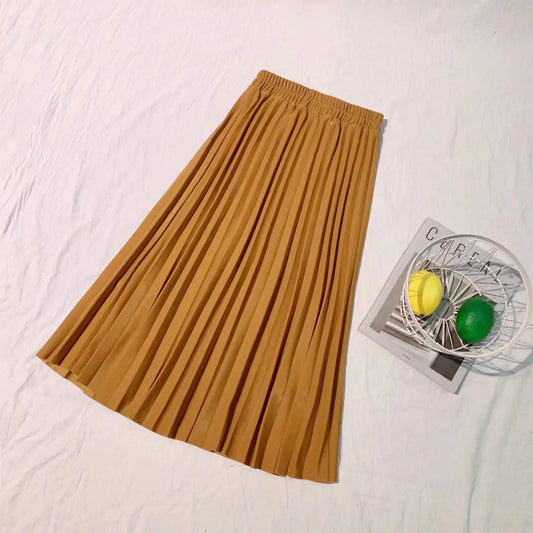 High Waist Midi Pleated A-Line Skirt