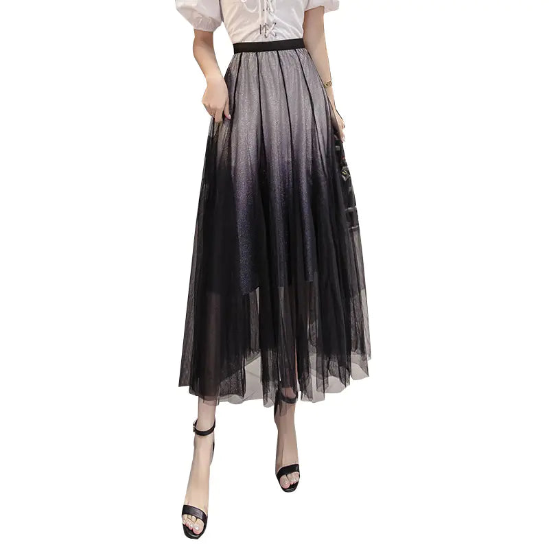Gradient Tulle Midi Skirt, High-Waisted Flowing Design