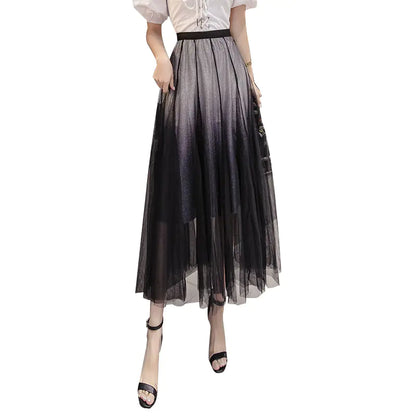Gradient Tulle Midi Skirt, High-Waisted Flowing Design