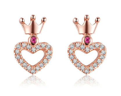 S925 Silver Crown Stud Earrings with Heart Zirconia